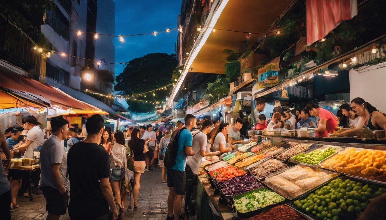 A diverse group of friends enjoy a vibrant street food market in Singapore.
