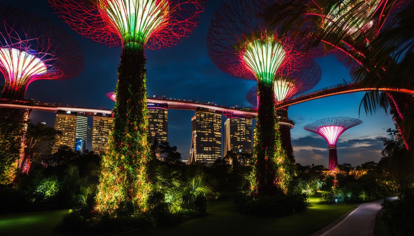A captivating nighttime photo of Gardens by the Bay with illuminated supertrees, showcasing various people and vibrant scenery.