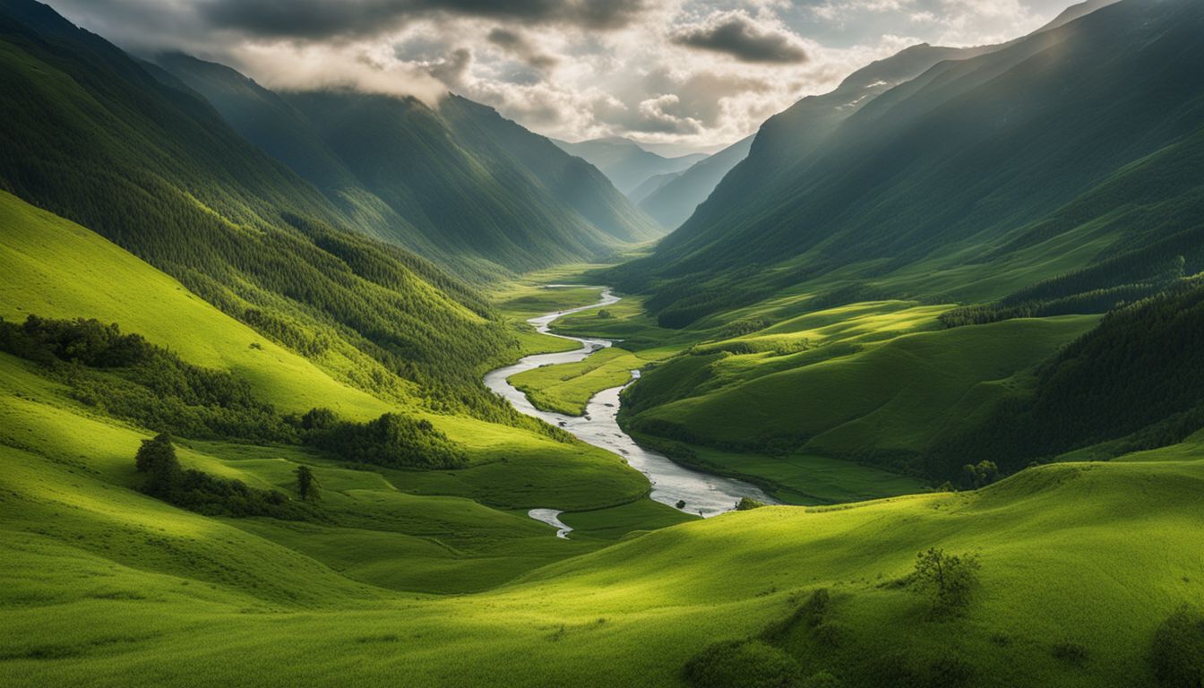 A stunning panoramic view of a lush green valley with a river.
