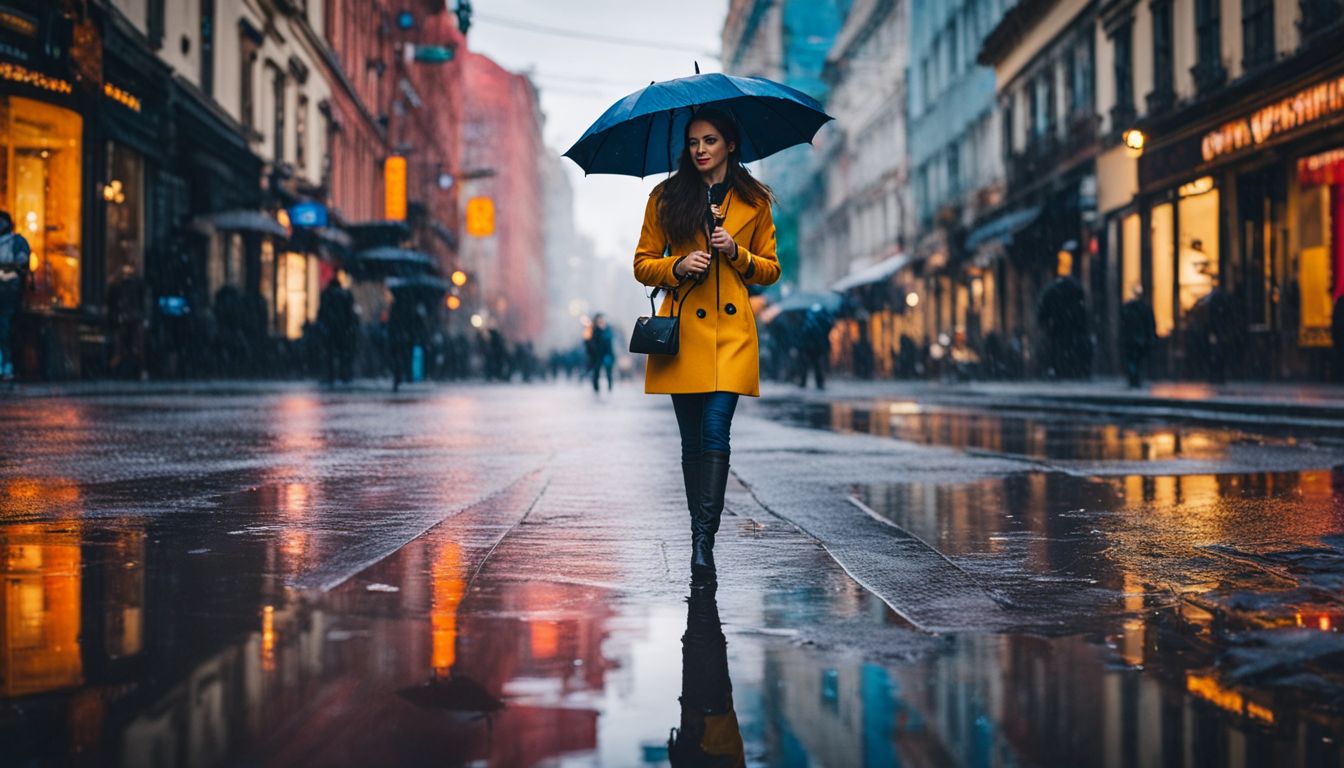 A woman walks through a vibrant city street, holding an umbrella in the rain, surrounded by diverse people and buildings.