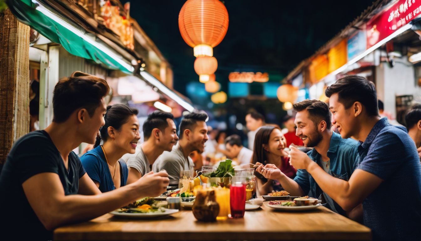 A diverse group of tourists enjoying the vibrant culinary scene at a local hawker center in Singapore.