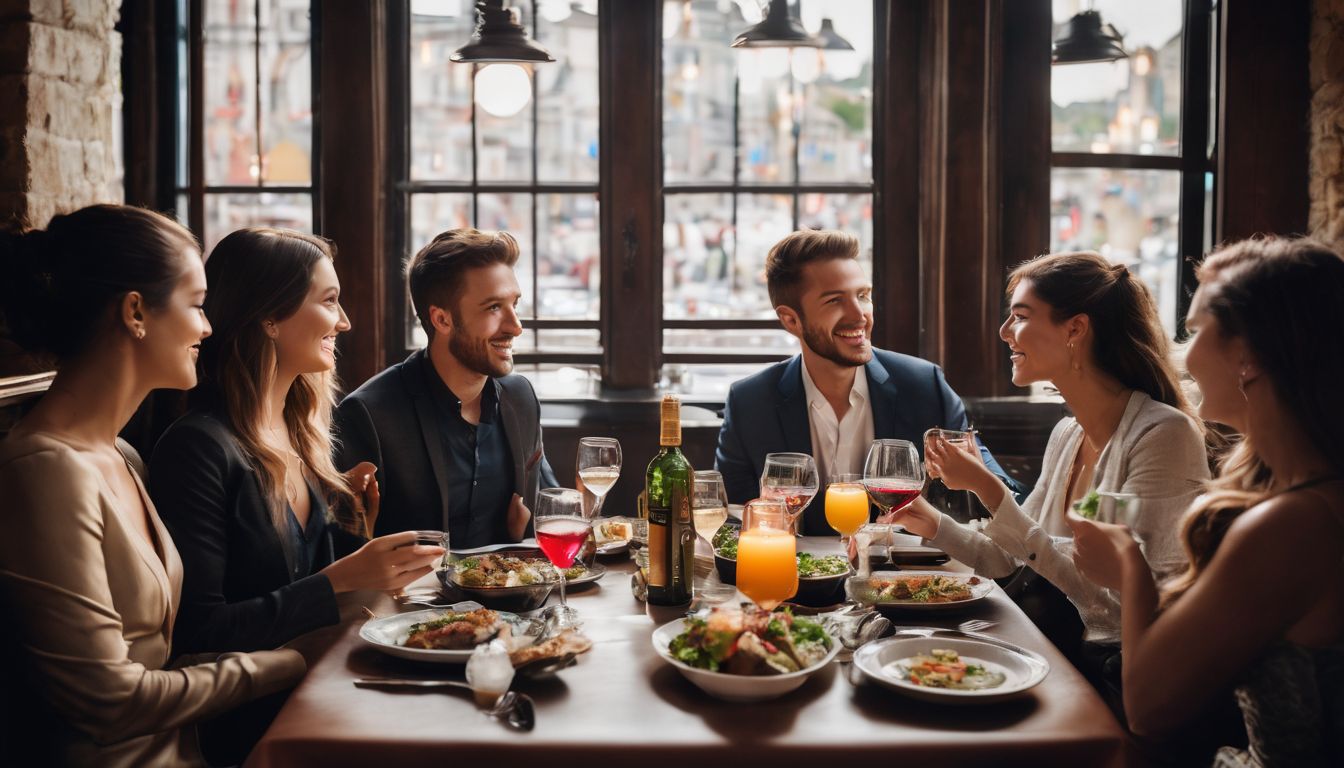 A diverse group of friends enjoy a meal together at a restaurant.