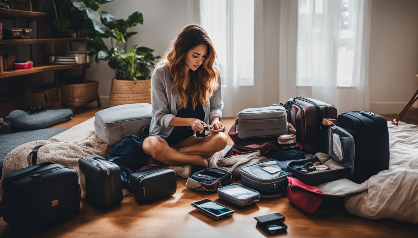 A woman unpacking her suitcase filled with electronic devices and accessories in a bustling atmosphere.