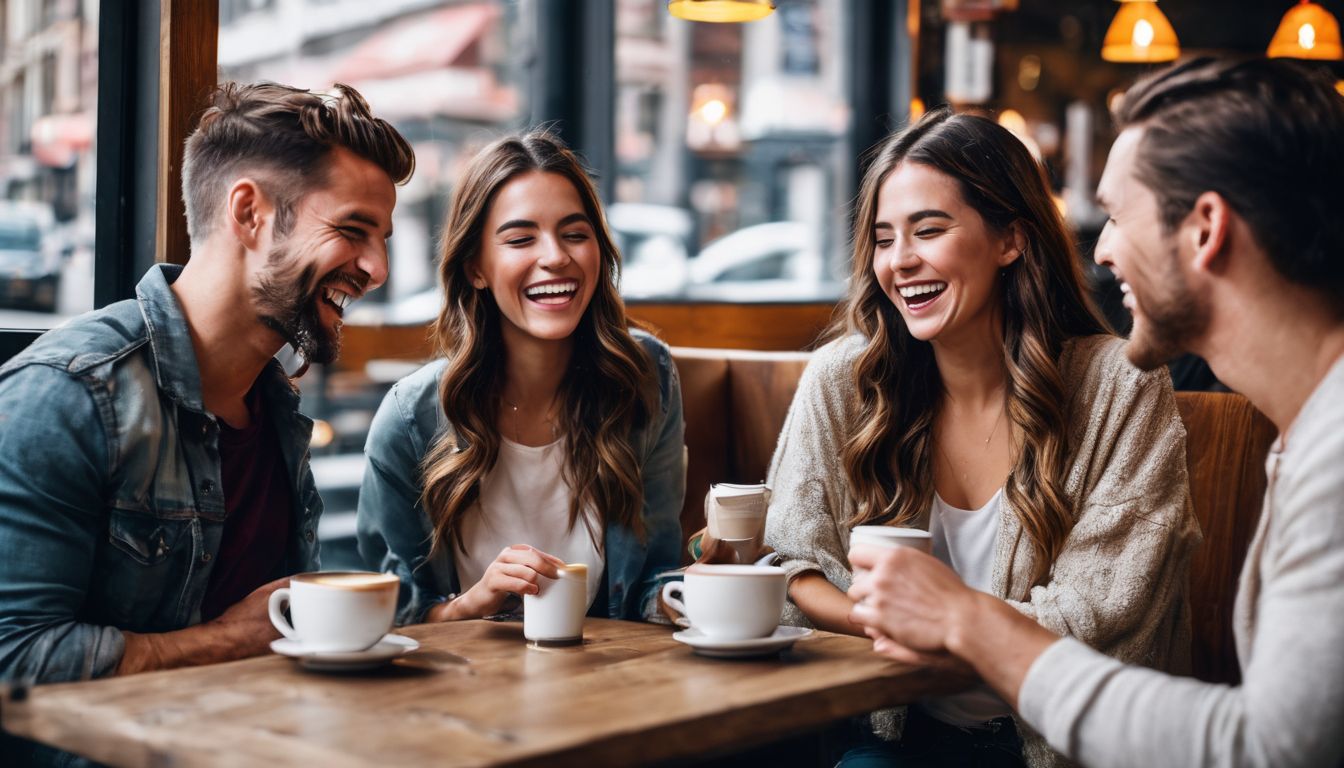 A diverse group of friends enjoy coffee and laughter in a cozy 24-hour cafe.