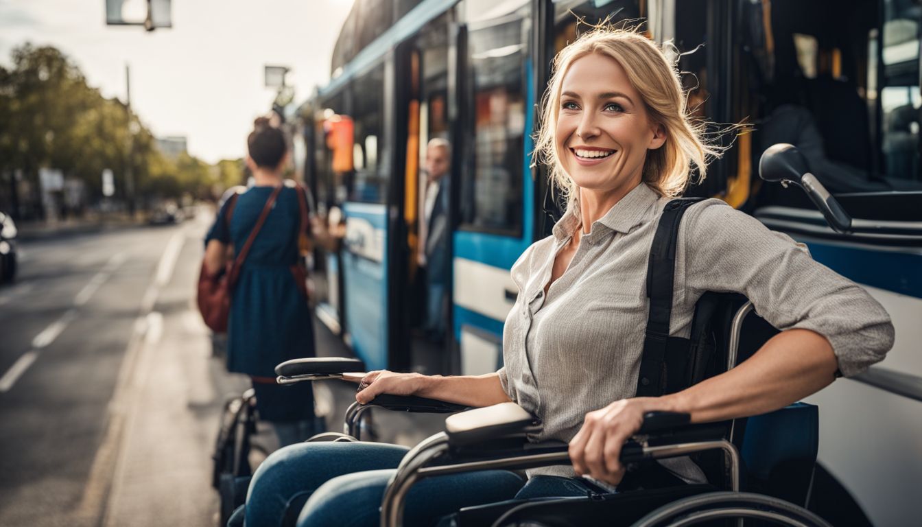 A wheelchair user smiles while boarding a bus with assistance from the driver.