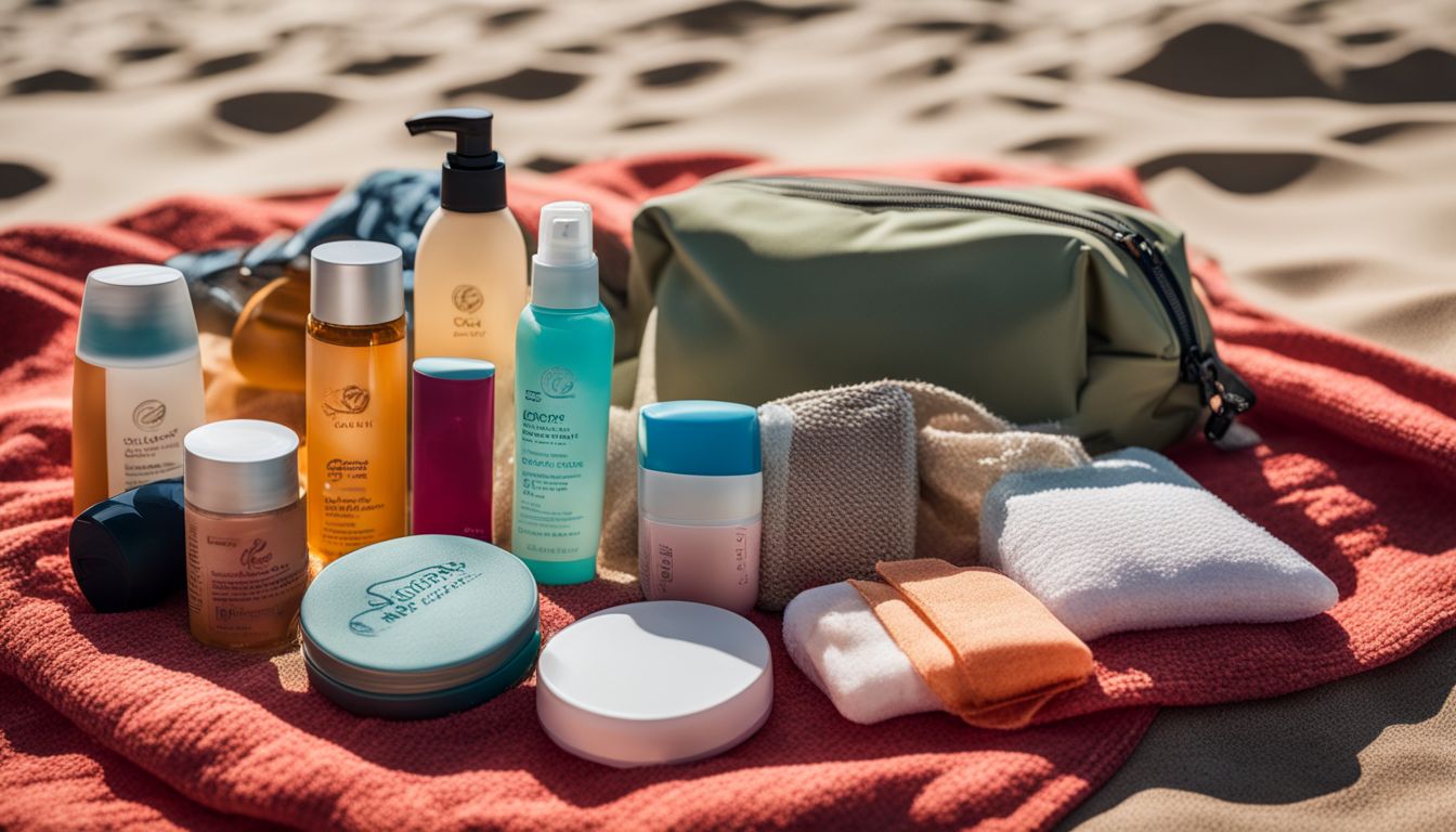 A collection of travel essentials arranged neatly on a beach towel.