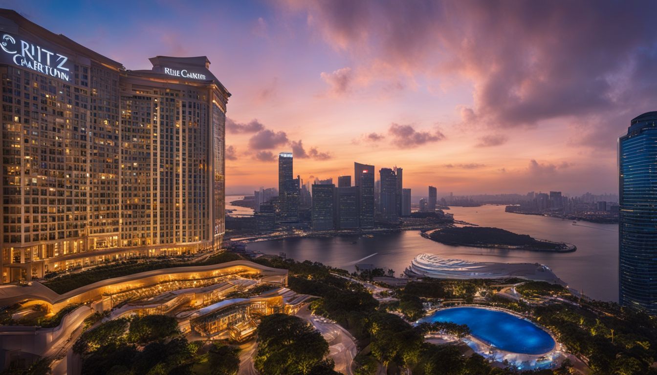 A photo of the Ritz-Carlton, Millenia Singapore at sunset, surrounded by the lights of downtown, showcasing its stunning exterior.