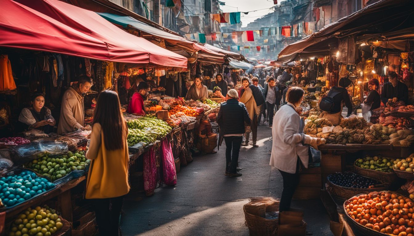 A vibrant street market featuring local vendors and unique products, captured with high-definition photography.