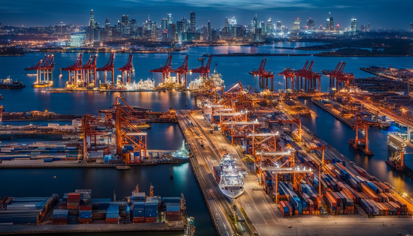 A busy international trade port with cargo ships and cranes against a city skyline.