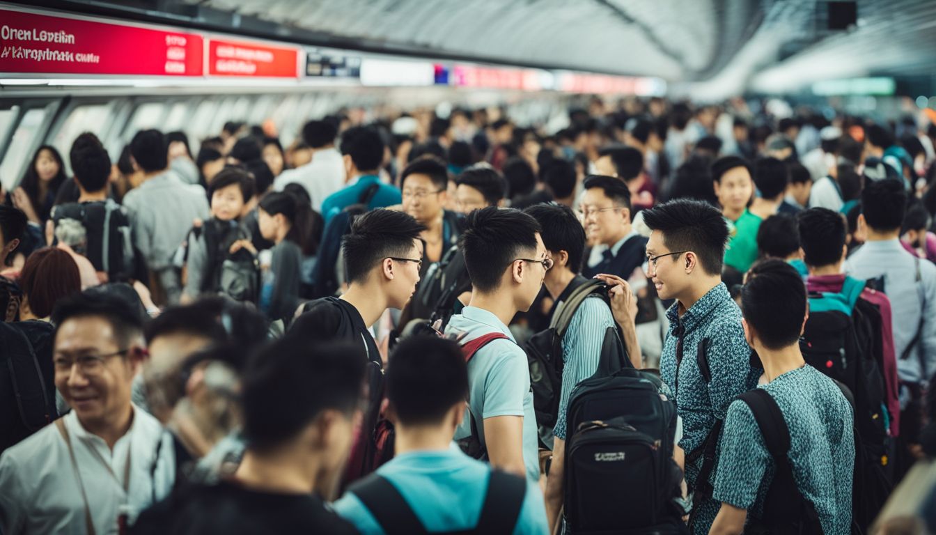A crowded train platform with commuters waiting at Changi Airport MRT station, captured in a bustling and busy atmosphere.