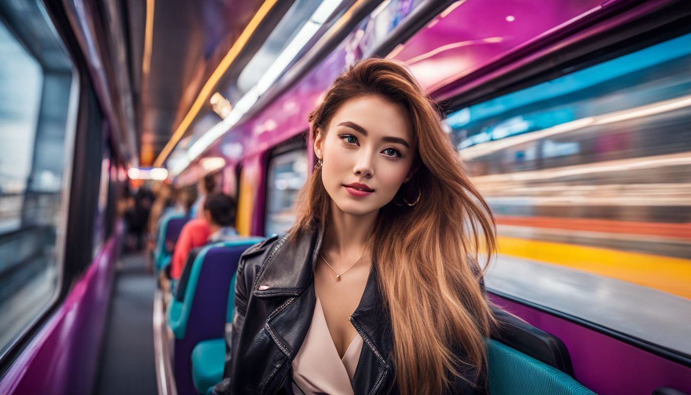 A woman rides a colorful, futuristic-looking train in Singapore amidst a bustling cityscape.