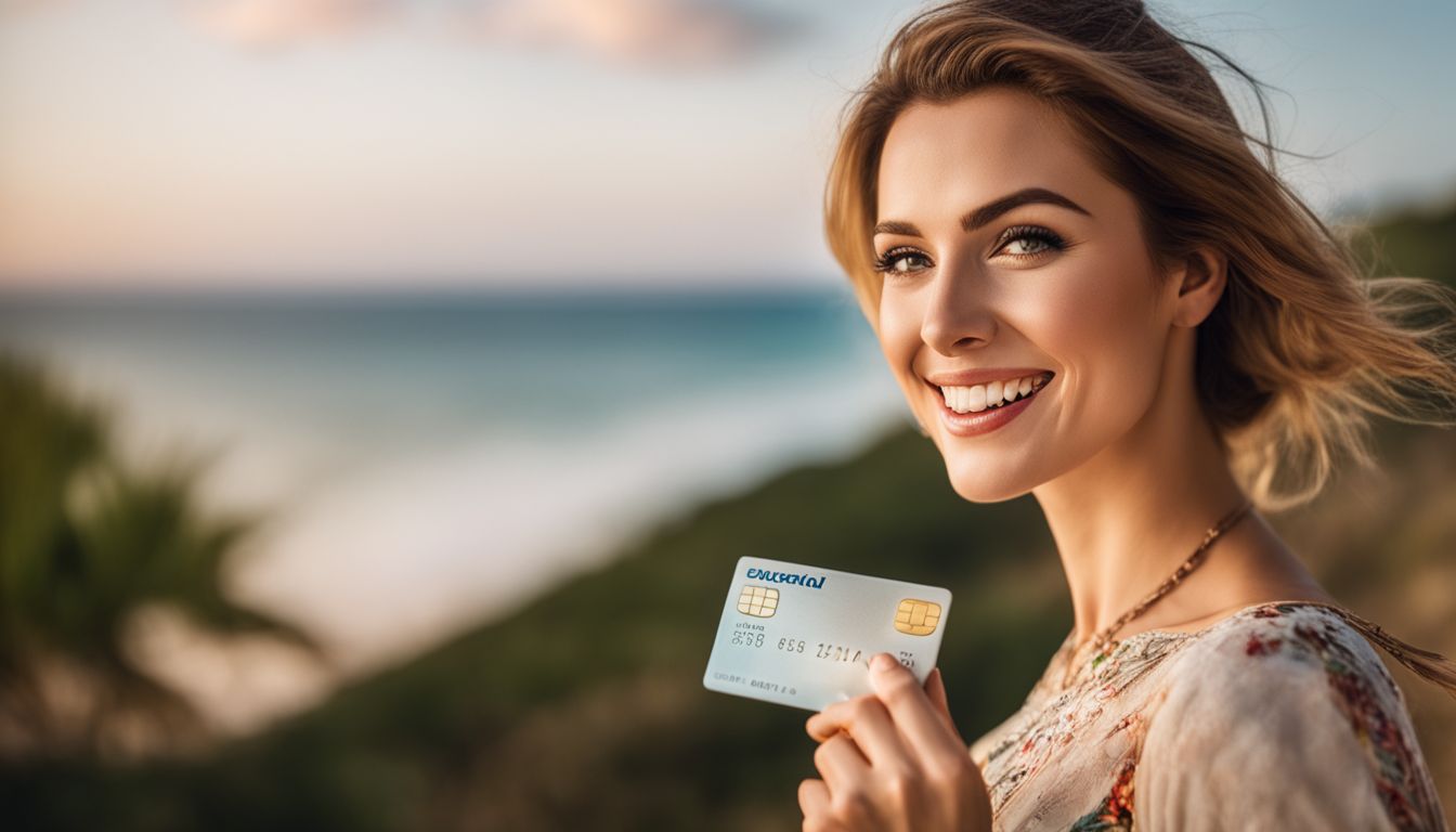 A woman with a travel credit card enjoys discounts at an exotic destination and smiles for the camera.