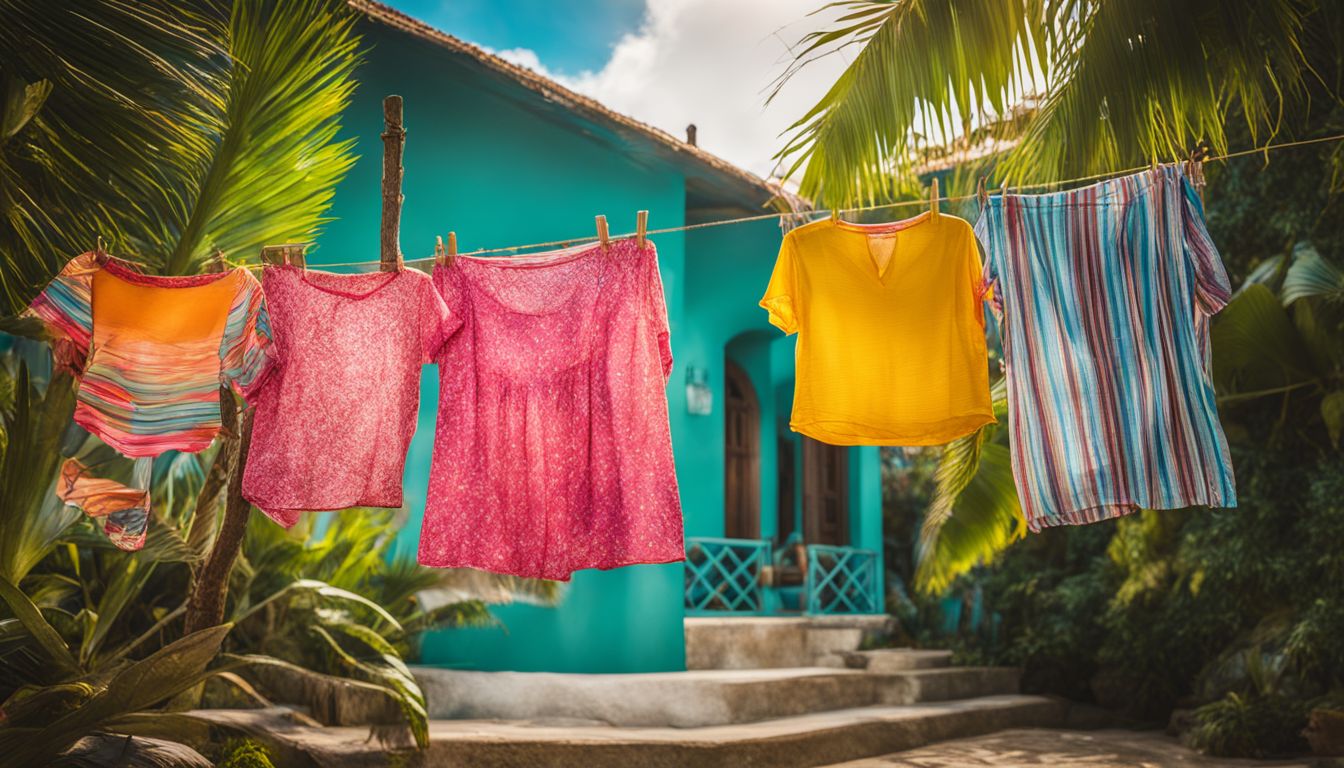 A vibrant photo showcasing colorful summer clothes against a tropical background, creating a lively and bustling atmosphere.