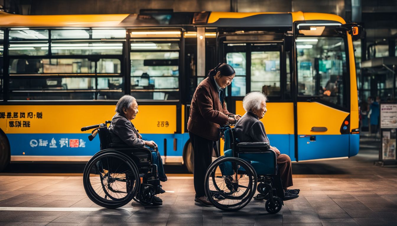 A wheelchair user and their caregiver board a JIAXIN bus in a bustling city, captured in a vibrant and realistic photograph.