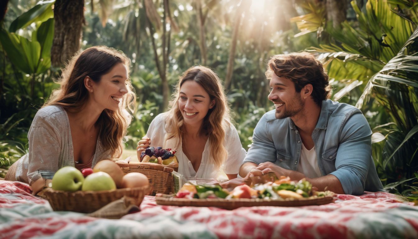 A diverse family enjoying a picnic in a lush green park surrounded by tropical plants.