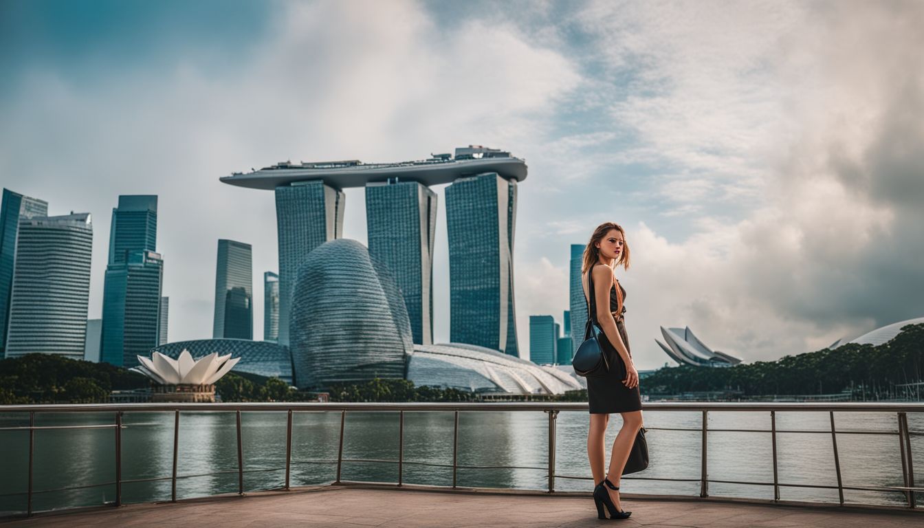 A tourist appears unimpressed while standing in front of a lackluster Singapore landmark in a bustling atmosphere.
