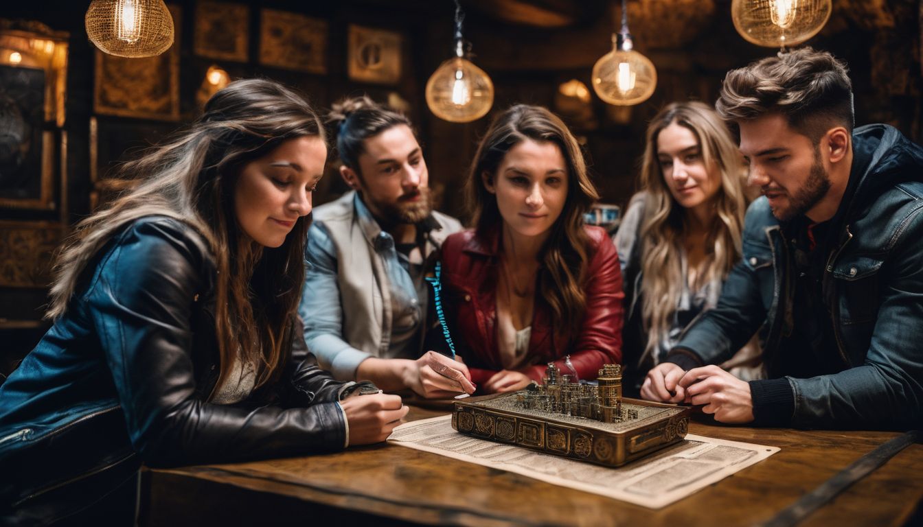 A diverse group of friends excitedly tackle an escape room challenge filled with mysterious clues and puzzles.