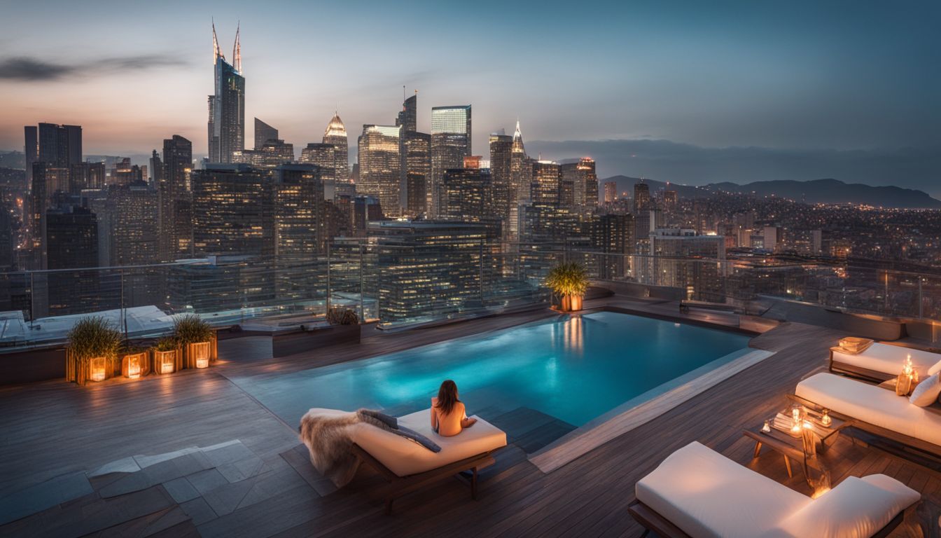 A rooftop pool with a city skyline backdrop featuring a diverse group of people enjoying the serene atmosphere.