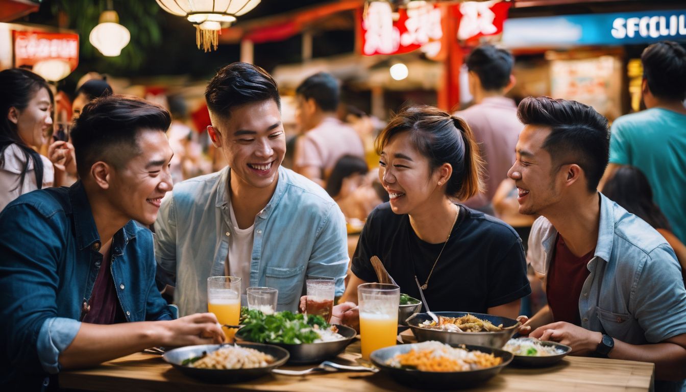 A diverse group of friends enjoying traditional Singaporean street food at a lively hawker center.