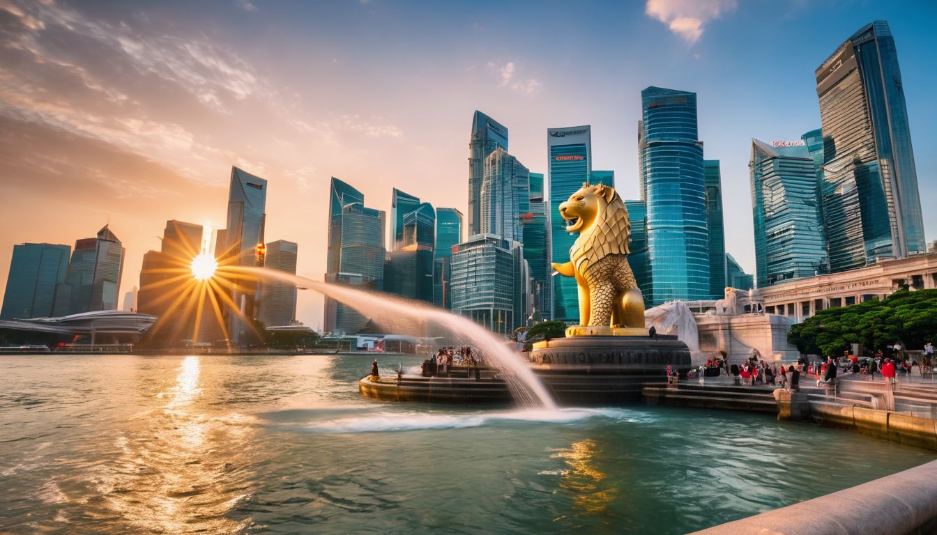 The photo showcases the iconic Merlion statue surrounded by a bustling cityscape at sunset.