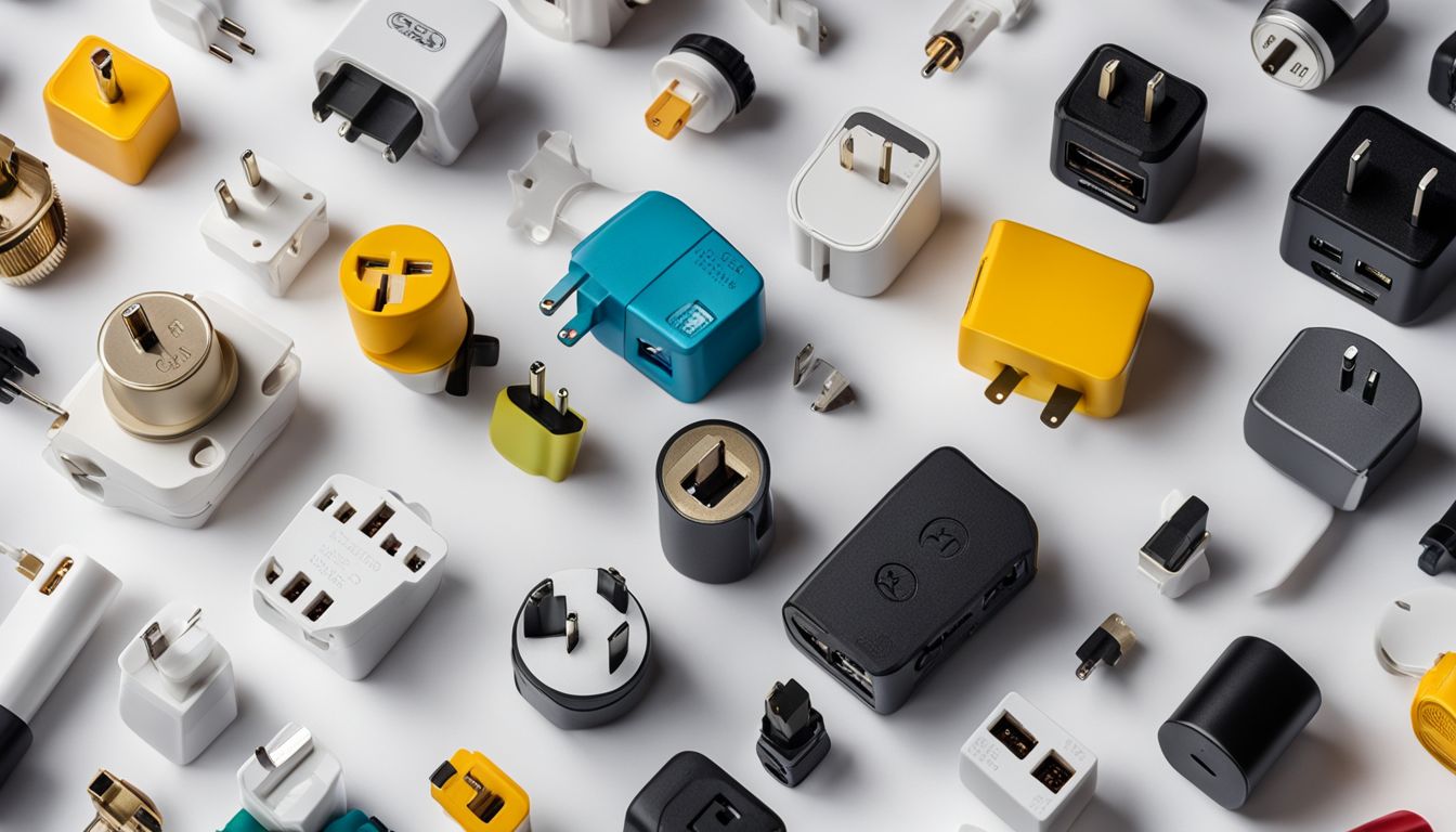 The photo showcases a variety of power adapters and plugs in a well-lit setting with a white background.
