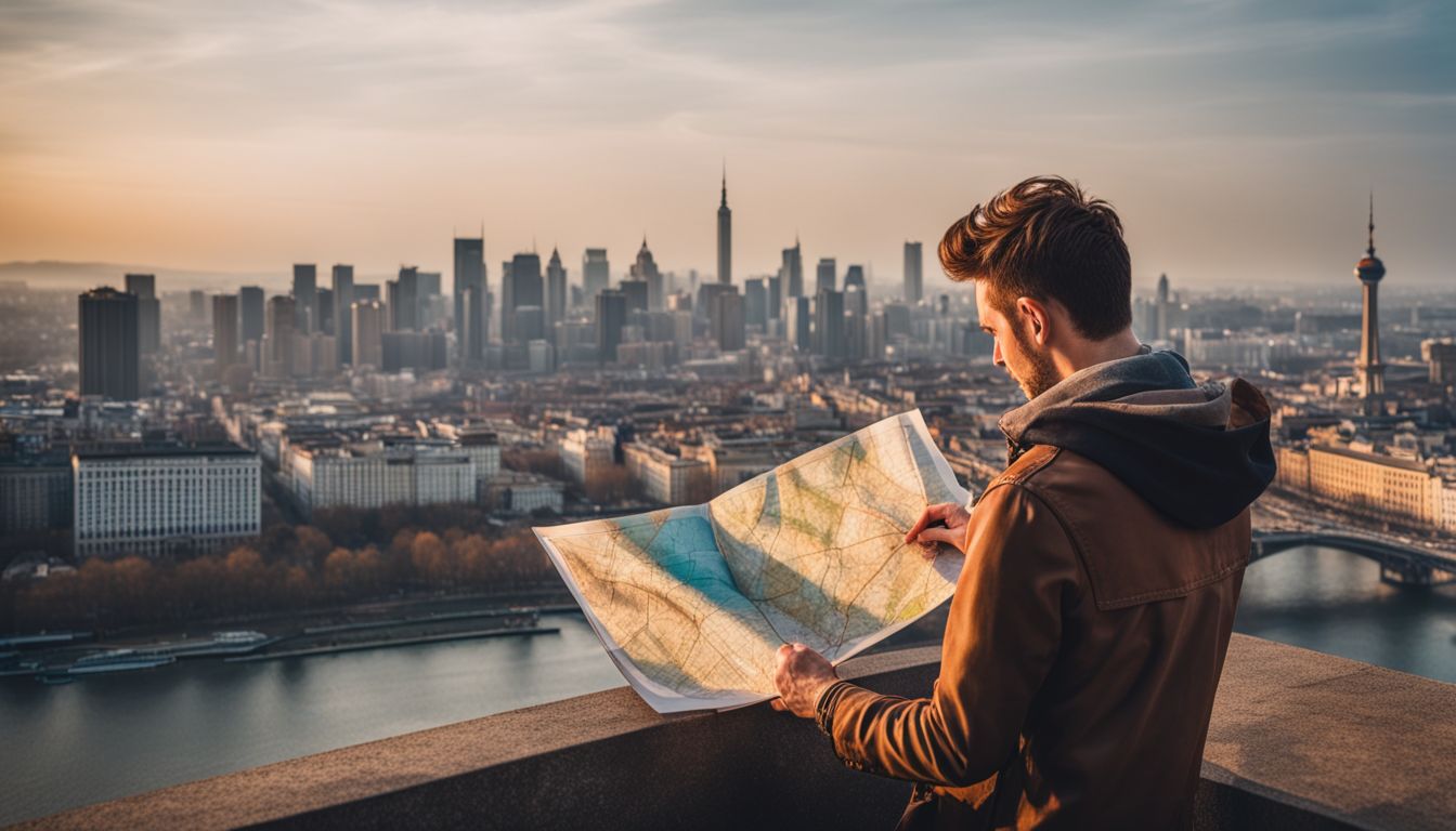 A tourist is seen reading a map with a city skyline in the background.