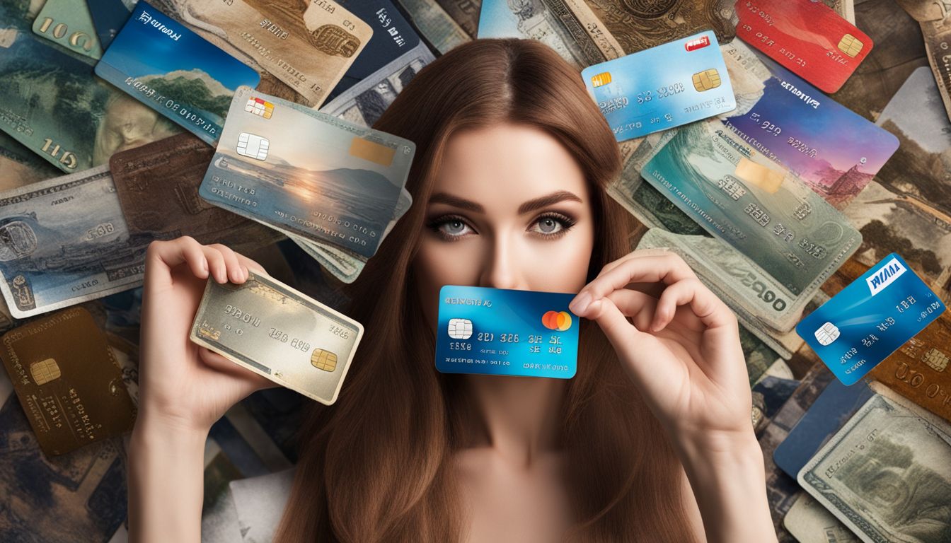A person holding multiple credit cards in their hand surrounded by travel images and different faces, hair styles, and outfits.
