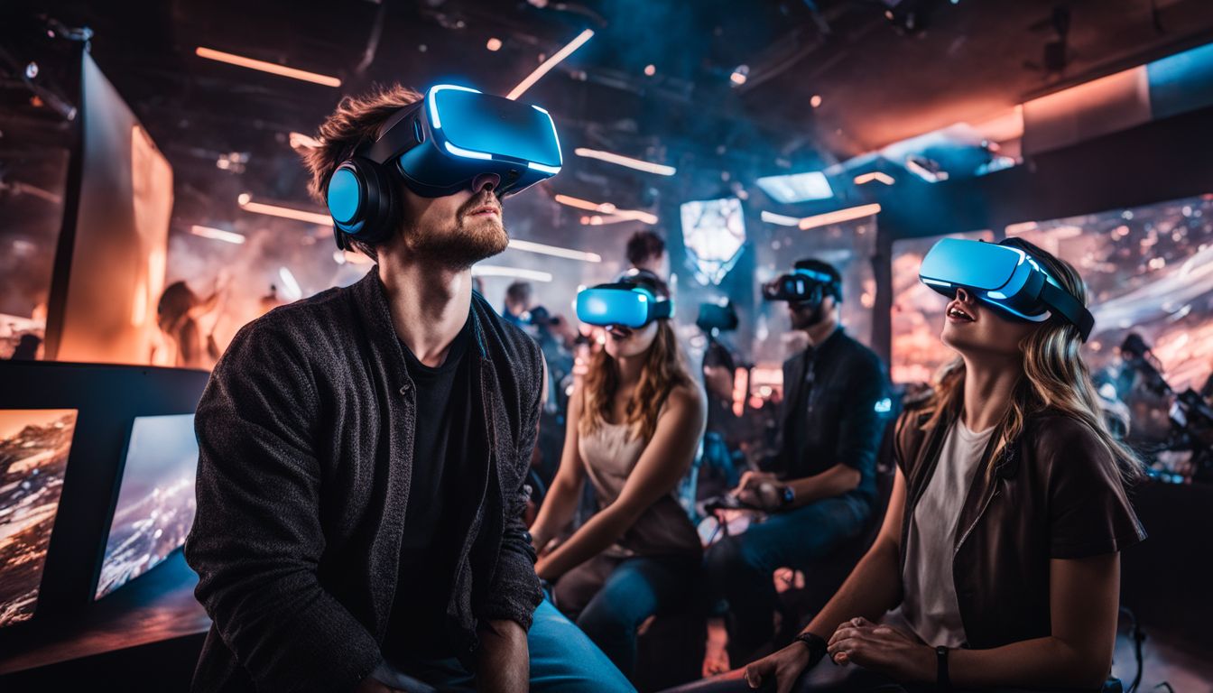 A group of diverse gamers immersed in virtual reality technology surrounded by futuristic equipment.