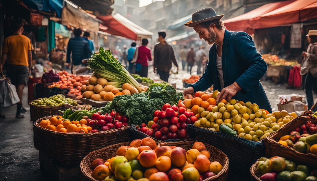 Colorful street vendors selling fresh fruits and vegetables in a bustling cityscape.
