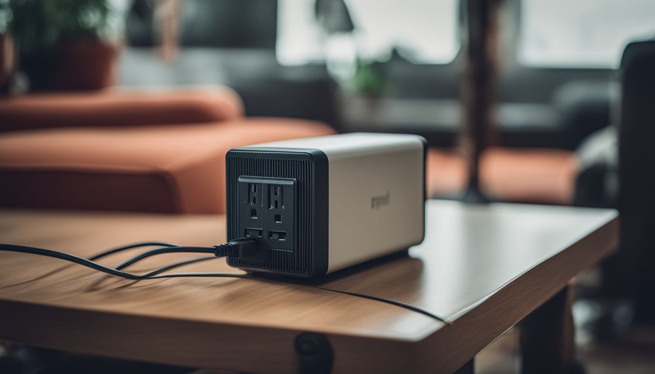 A close-up photo of a power converter with a Singaporean electrical outlet in the background, showcasing various faces and hairstyles, captured with a high-quality camera to create a vivid and detailed image.