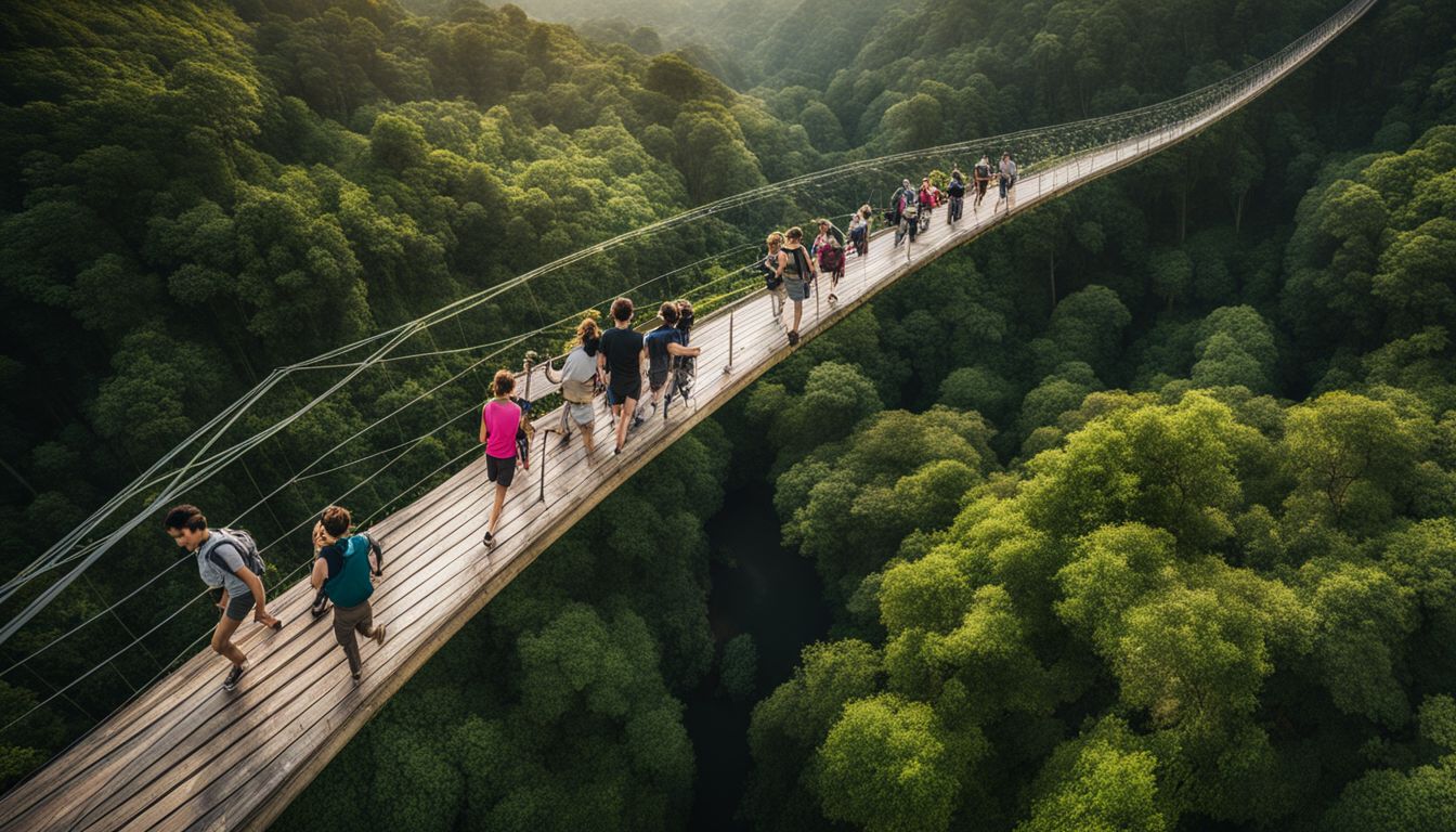 A photograph of people walking on a canopy bridge surrounded by lush greenery.