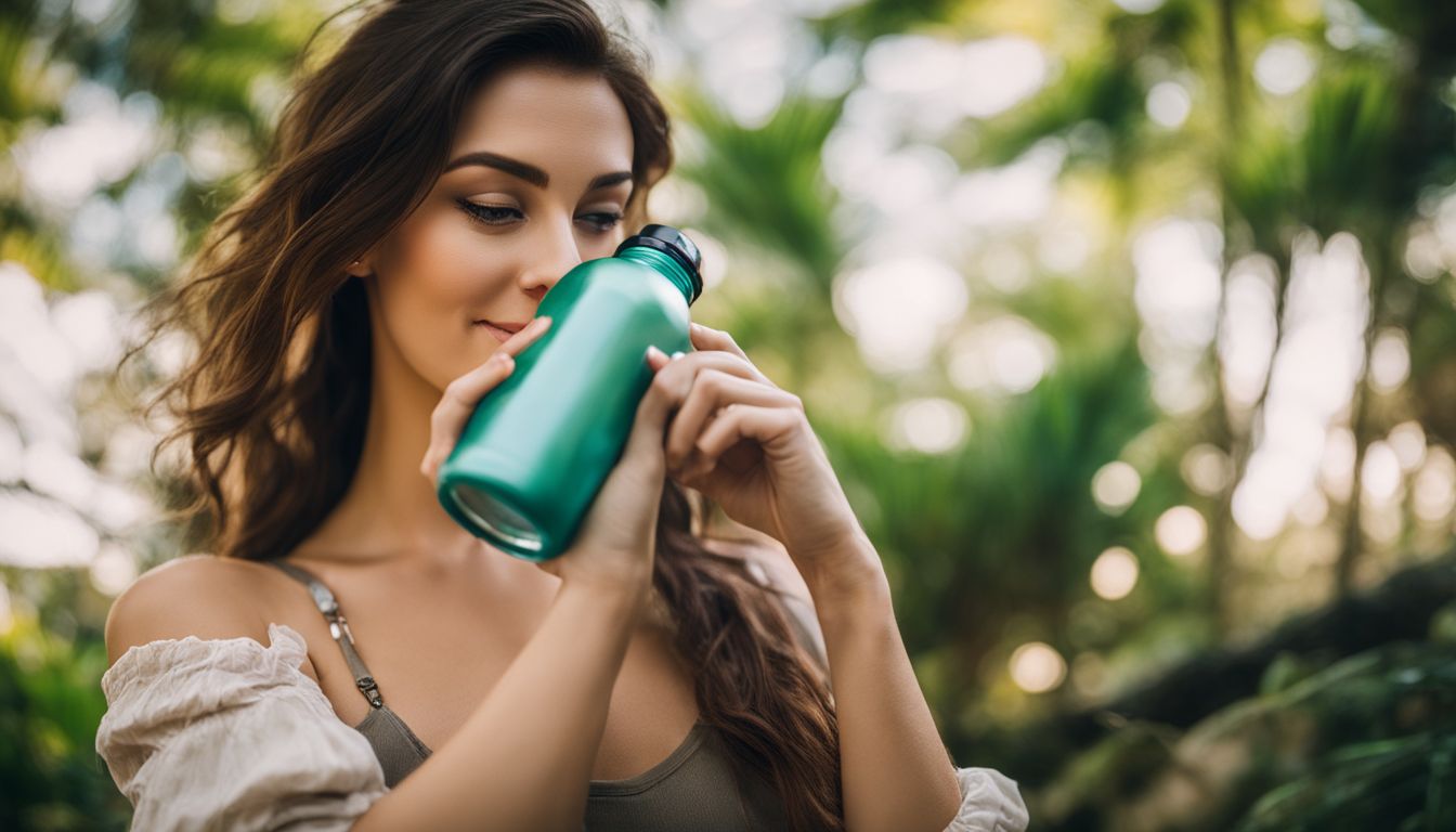 A woman holds a water bottle with a filter surrounded by lush greenery, with different faces, hair styles, and outfits.