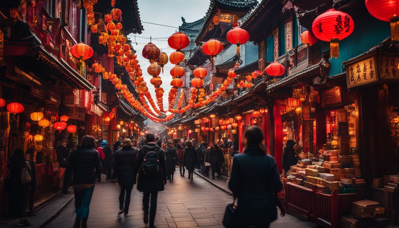 A vibrant Chinatown street with lanterns, traditional shopfronts, and a bustling atmosphere captured in crystal-clear detail.