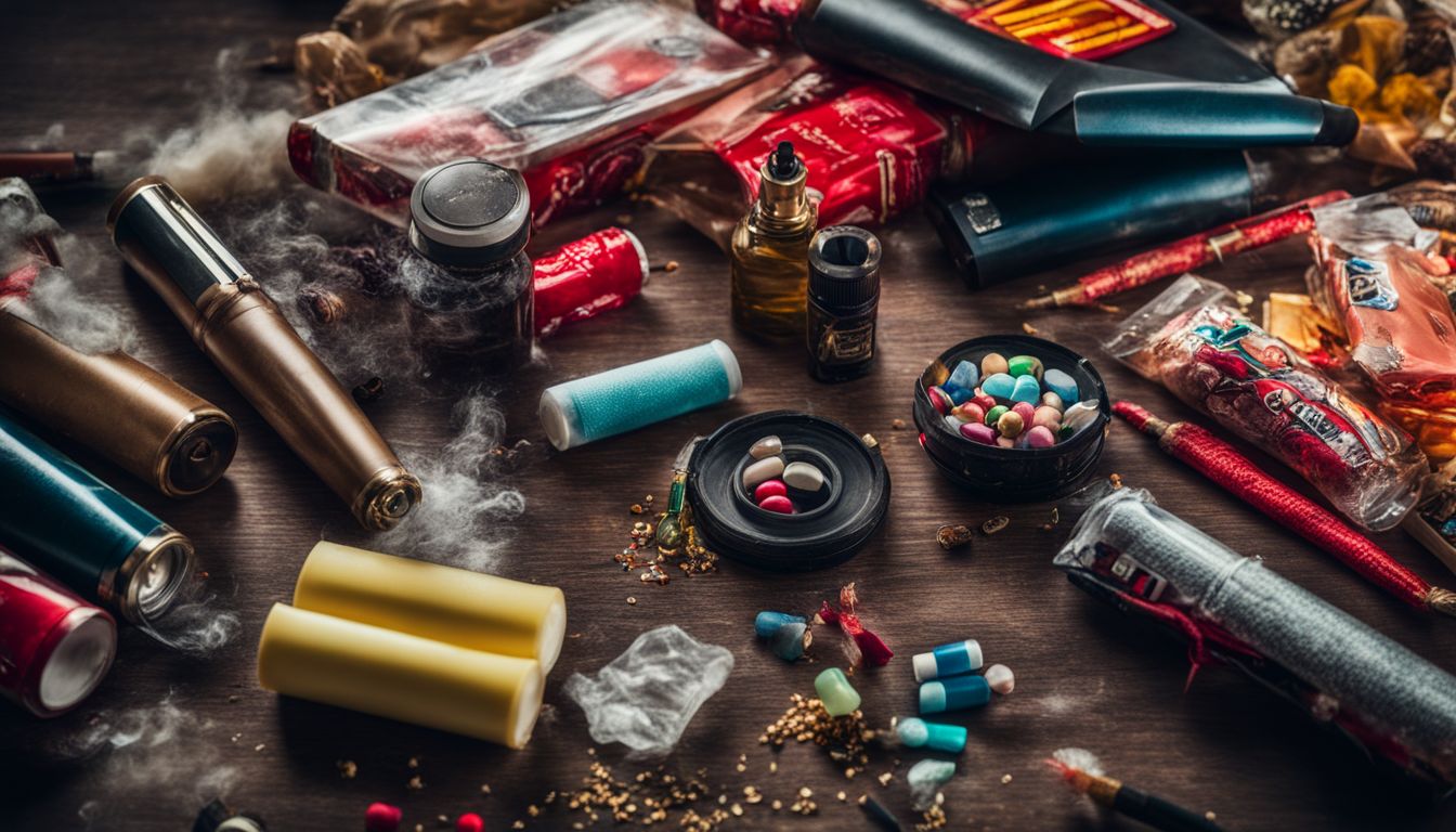 A pile of prohibited items including vapes, chewing gum, firecrackers, and pirated media, captured in a photo.