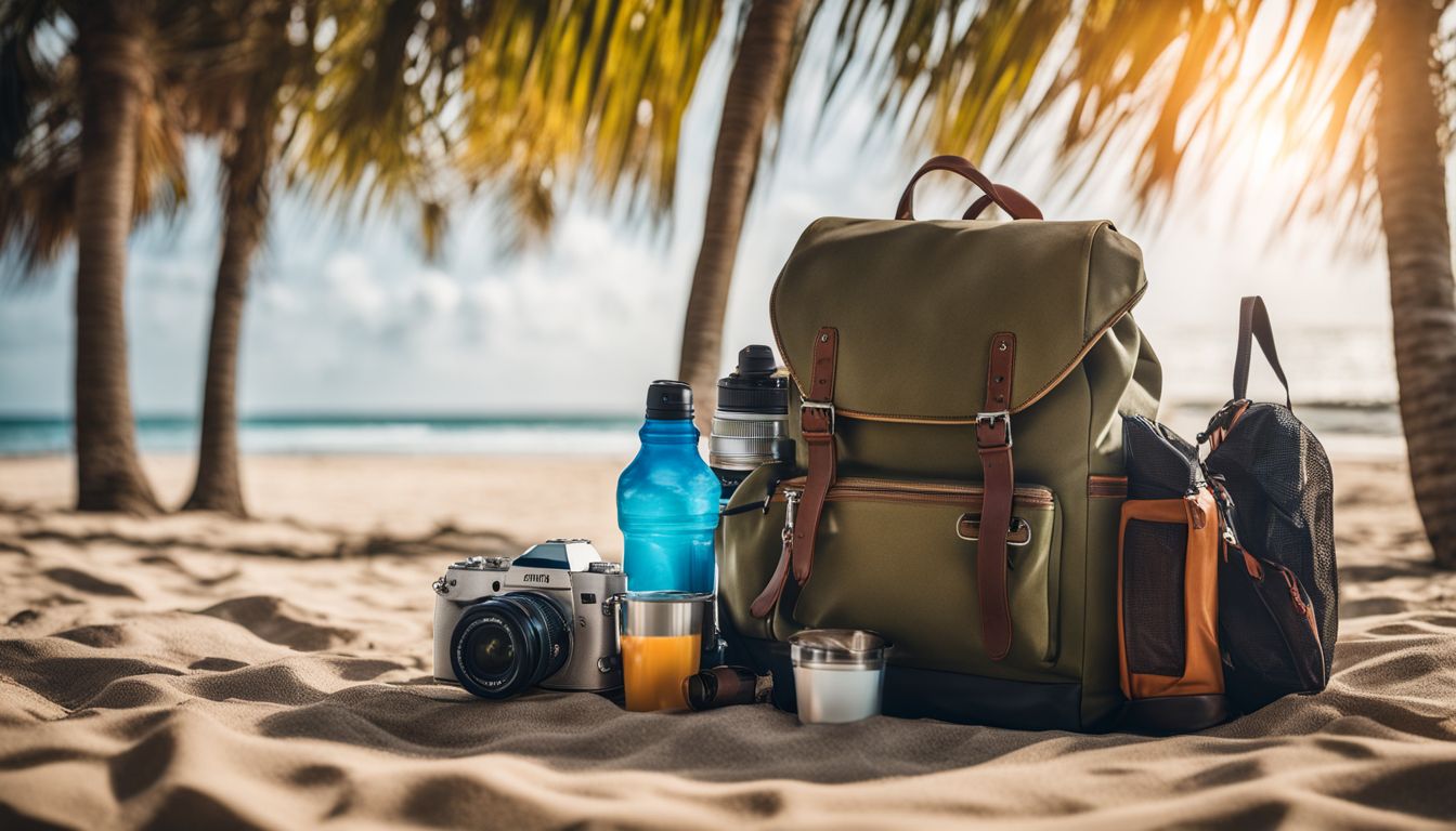 A backpack filled with travel essentials rests against a palm tree on a sunny beach.