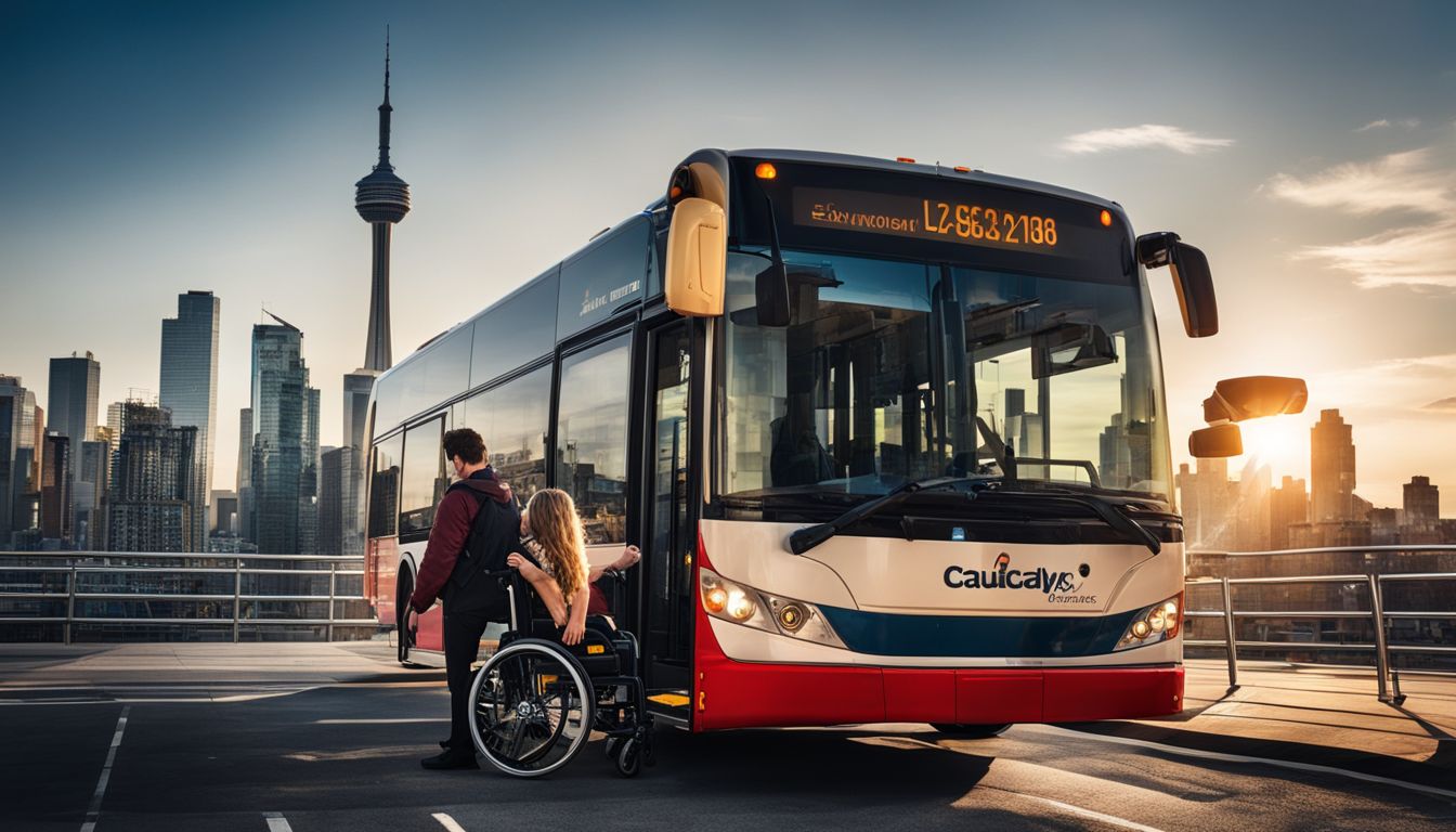 A wheelchair user boards a wheelchair-accessible bus with a city skyline in the background.