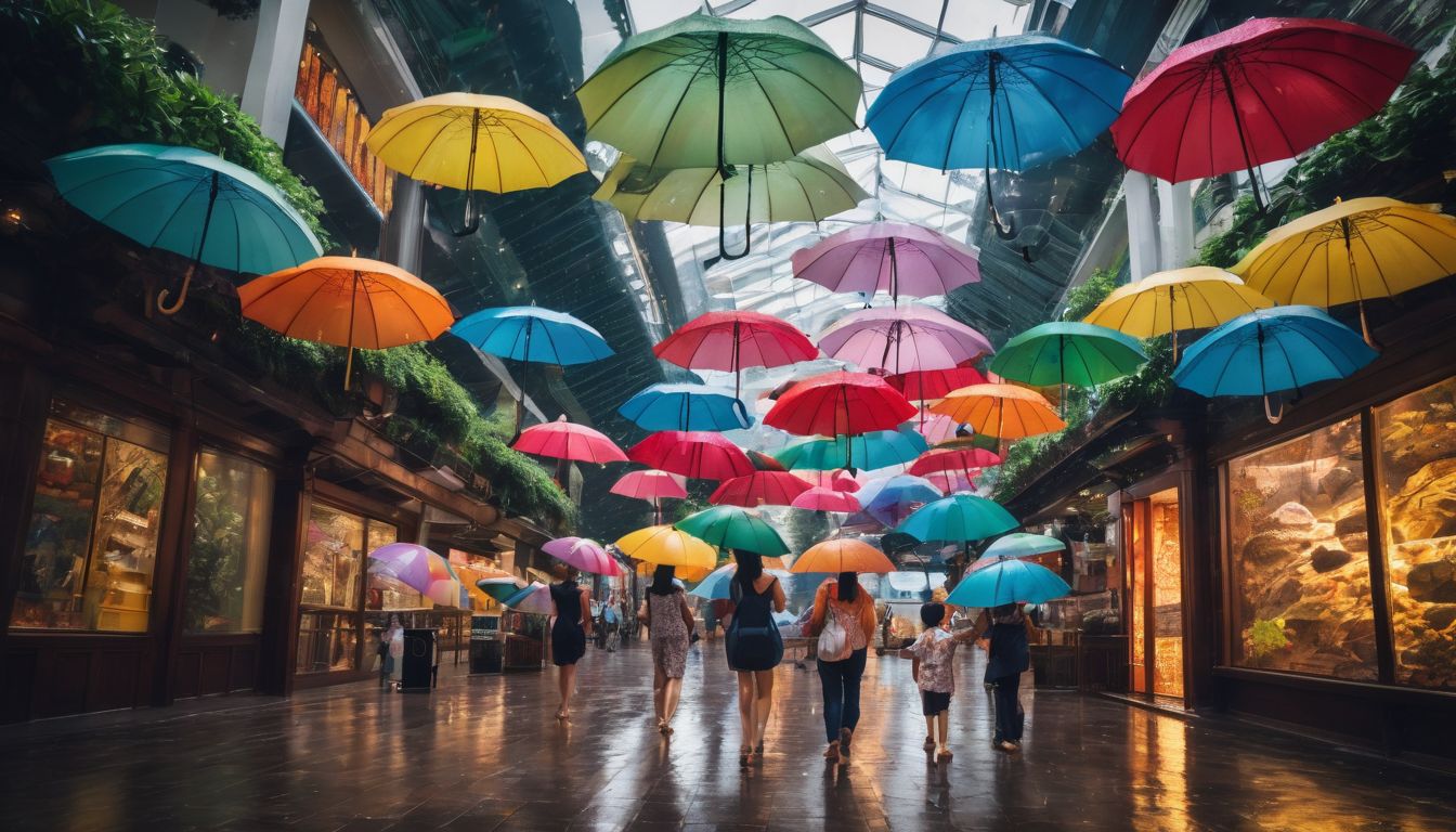 A family explores indoor attractions in Singapore during the rainy season, captured in a vibrant and cinematic photograph.