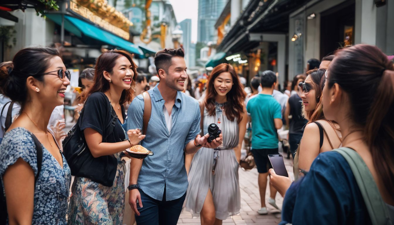 A diverse group of tourists exploring the vibrant streets of Singapore during a cultural festival.