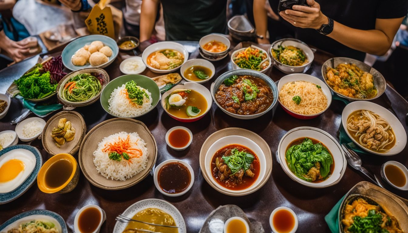 A vibrant photo showcasing a variety of colorful local dishes at a hawker center in Singapore.