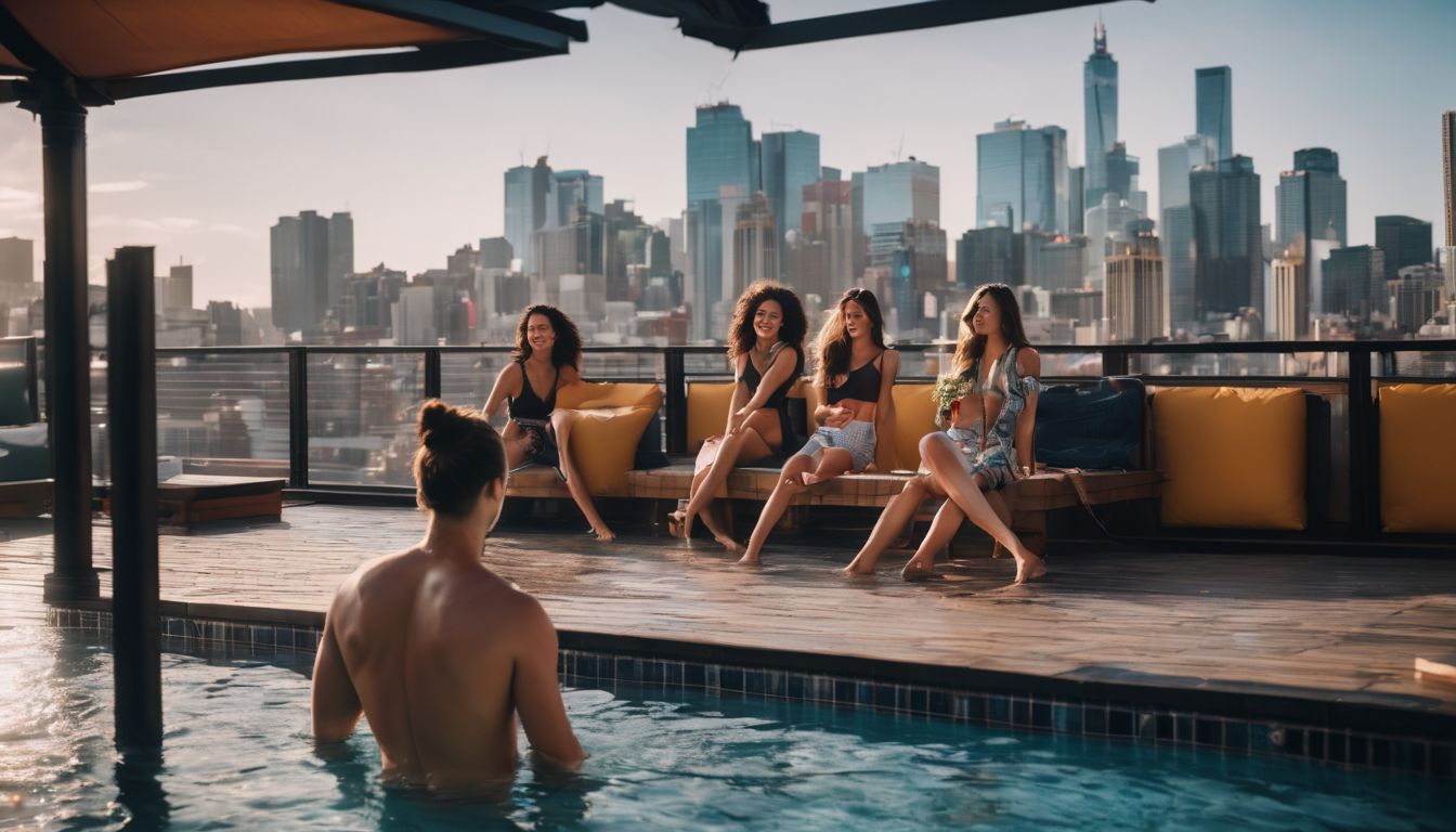 A group of friends enjoying a rooftop pool with a panoramic view of Chinatown in the city.