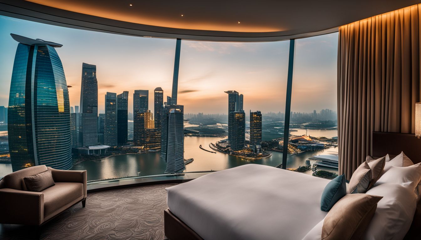 A luxurious hotel room with a skyline view of Singapore's Marina Bay, featuring different people, outfits, and hair styles.