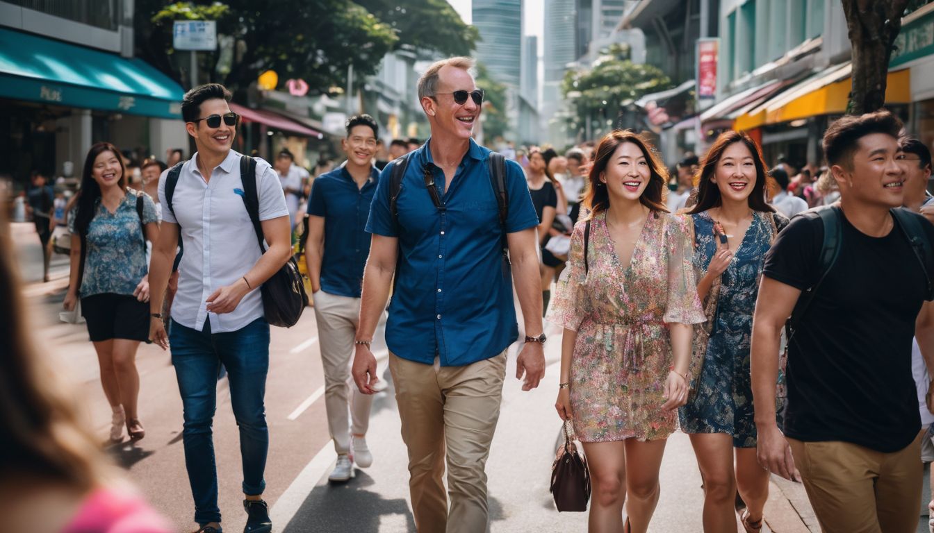 A diverse group of tourists is being led by a local tour guide through the vibrant streets of Singapore.