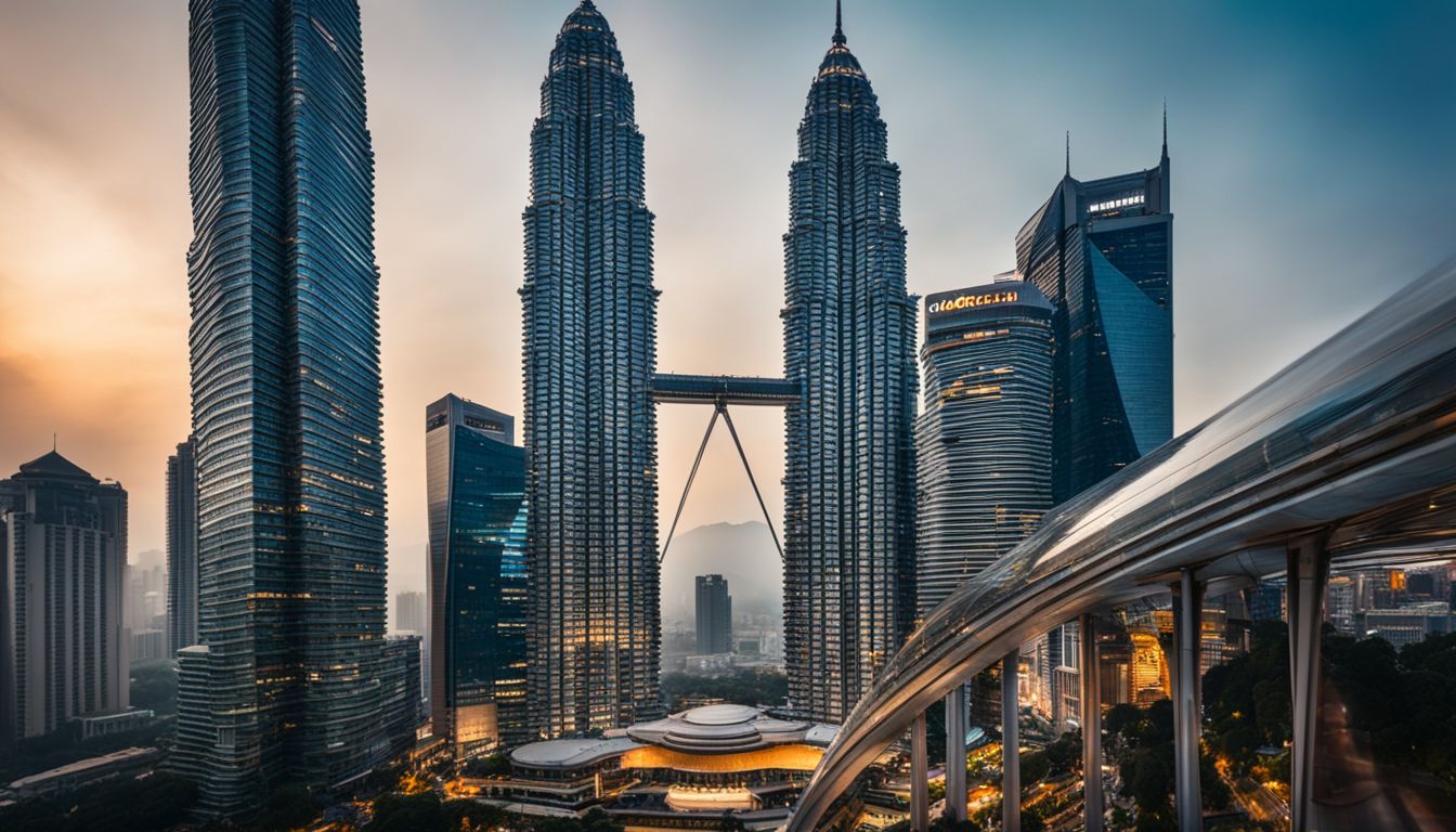 A photo of the bustling cityscape of Kuala Lumpur featuring the iconic Petronas Towers and various people.