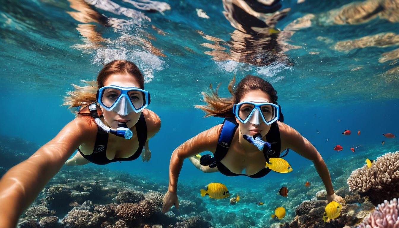A diverse group of friends snorkeling in colorful coral reefs in crystal clear waters.