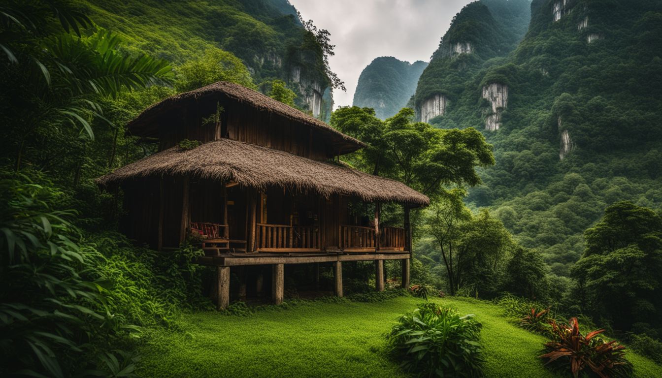 A cozy cabin near the Phong Nha Caves surrounded by lush greenery, captured in a stunning photograph.