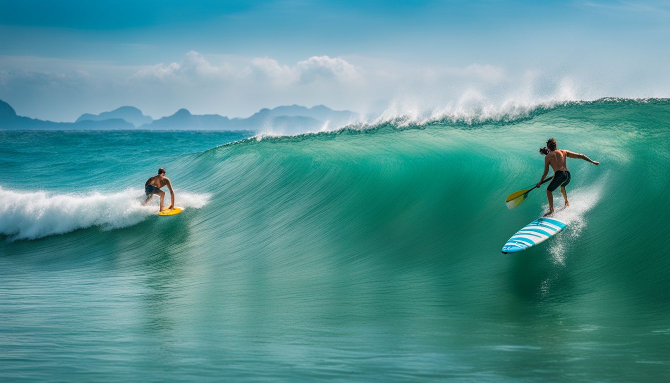 A vibrant photo of surfers catching waves in the clear blue waters of Thailand.