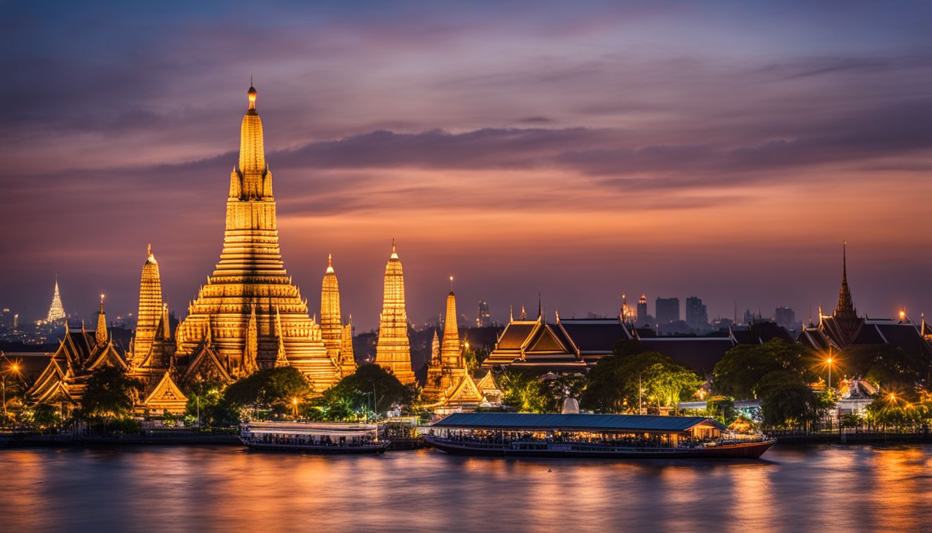 A photo of Wat Arun Temple at sunset, capturing the reflection of the city skyline in the Chao Phraya River.