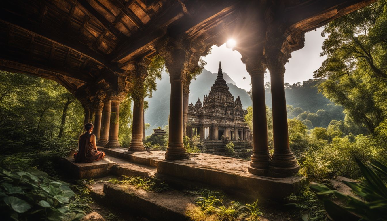 The image depicts the ruins of a Buddhist temple surrounded by overgrown vegetation.