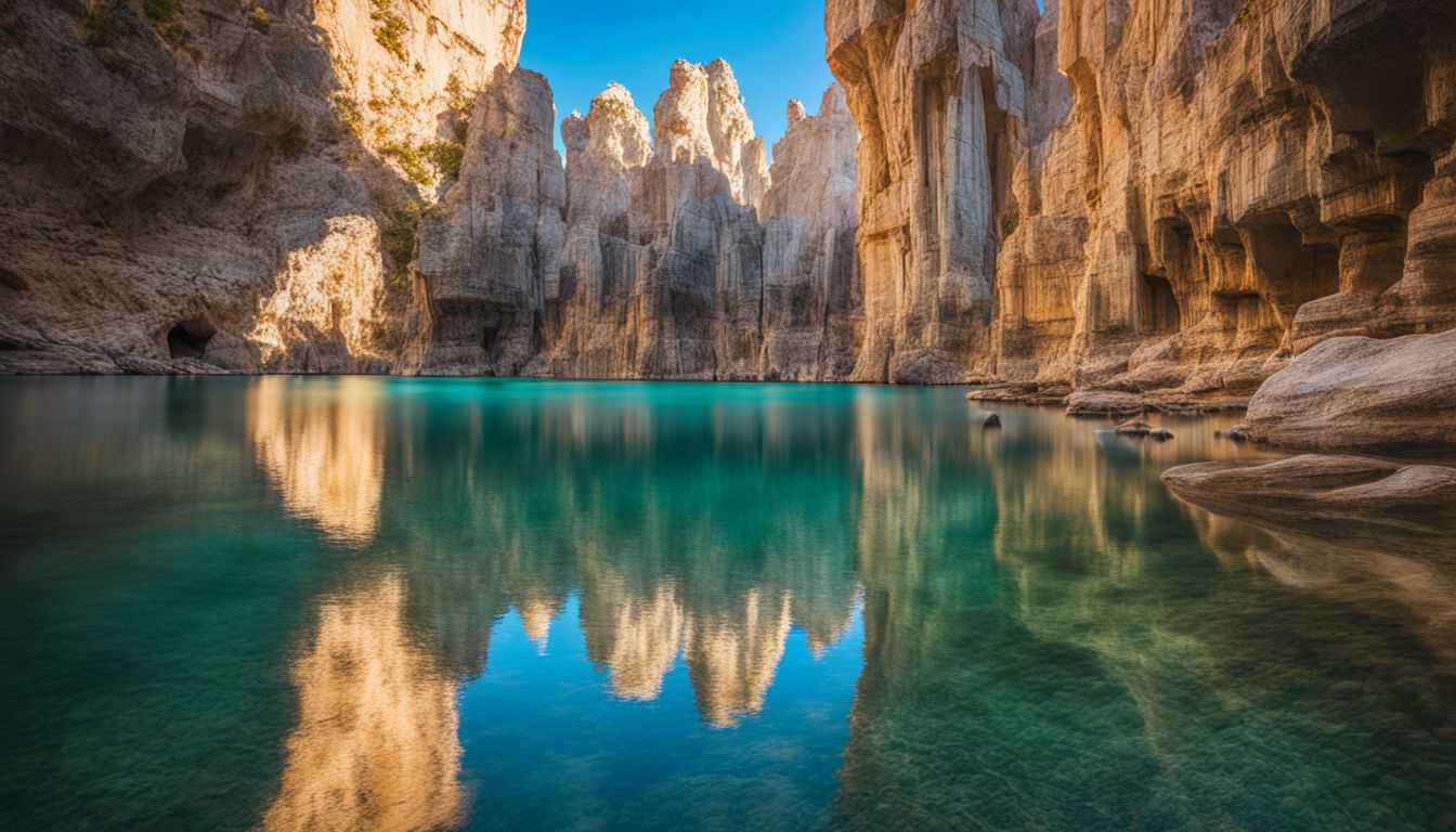 A stunning landscape photograph capturing tall limestone formations reflecting on clear water.