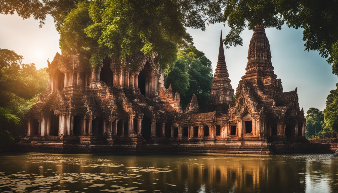 A beautifully carved temple surrounded by nature and reflected in a river, capturing the bustling atmosphere of Ayutthaya.